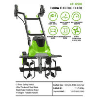 Motoculteur électrique Vertak 1200W, cultivateur pliable à poignée en H, largeur de travail 400 mm, profondeur 220 mm, pour jardin et cour.