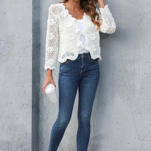 <span class=keywords><strong>Cardigan</strong></span> Lavorato all'Uncinetto da Donna per l'Inizio Primavera, Elegante e Aderente, Maglia Lunga Traforata, Maglione Casual Tinta Unita - Product Image 2