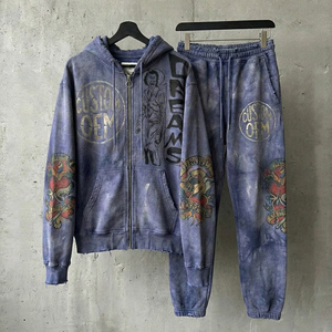OEM Custom LOGO Printing Vintage and Distressed Look Streetwear Digital Printing 2-piece 400 GSM Heavyweight Men's Hoodie Set - Product Image 1