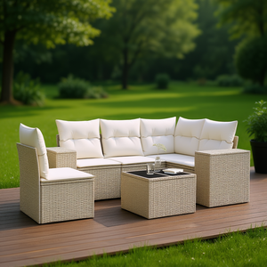 Conjunto de Sofá de Jardín de Ratán Beige con Cojines, Muebles de Exterior de Diseño Contemporáneo, Mimbre de PE Resistente al Agua y a los Rayos UV - Product Image 2