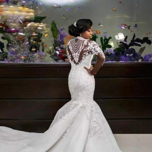 Wedding Dress Mermaid Long Sleeve High Necklace White Lace Rhinestone Cut Out Backless Natural Waistline Bride Dress - Product Image 2