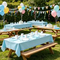 En stock – Ensemble de vaisselle jetable bleu à bordure dentelle pour fête d'anniversaire : assiettes, gobelets, serviettes, couteaux, fourchettes, cuillères et décorations de fête