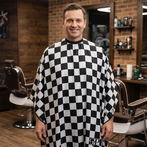 Bata de peluquería a cuadros en blanco y negro para barberos - Capa de barbero profesional a cuadros - Product Image 4