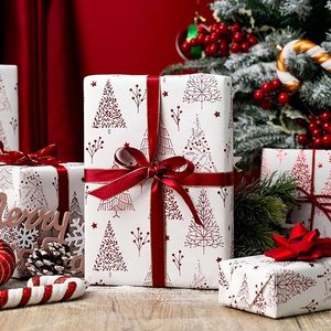 Rollo de Papel de Regalo Navideño con Diseño 3D en Relieve de Copo de Nieve, Árbol y Estrella, con Estampado Metálico Rojo Brillante, para Envolver Regalos de Navidad - Product Image 2