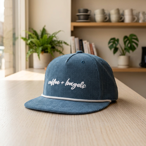 Corduroy Snapback <b>Cap</b> Coffee Bagels Embroidery Unisex Casual 6-Panel Hat Blue Flat Brim Baseball Hat <b>Cap</b> - Product Image 1