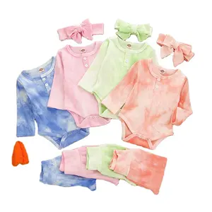 Baby Romper With headband Long Sleeve Wholesale Ruffle Printing tie dye baby girl clothes