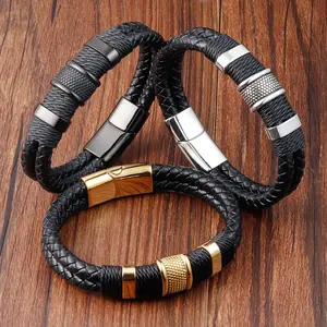 Vintage Multilayer Geflochtenes Echt leder Herren Armband Handgelenk Armreif Klassisches Edelstahl Herren Leder armband (KB8518)