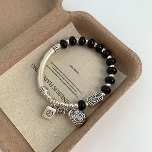 Black Agate S925 Sterling <b>Silver</b> Curved Tube Bracelet Vintage Chinese Style Lucky <b>Charm</b> Unisex Jewelry Everyday Wear - Product Image 3