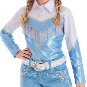 Camisa de Montar a Caballo Estilo Western en Satén Azul con Cierre de Botones Delanteros, Manga Larga, Cintura Alta y Ligera - Product Image 6