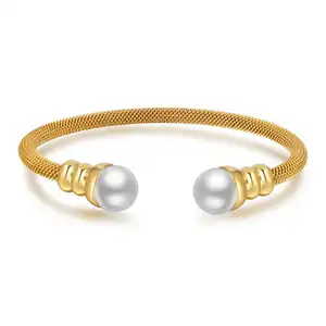 Hawaiian Gold Plated Stainless Steel C Shape Jewelry Adjustable Bangles Pave Pearl Cuff Bangle Bracelet