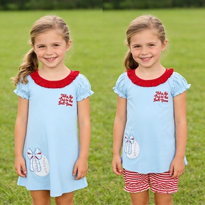 GSD3685 RTS Vestido de verano azul para niña con lazos de béisbol, bordado de pelota, mangas con volantes, conjunto para hermanas - Product Image 5