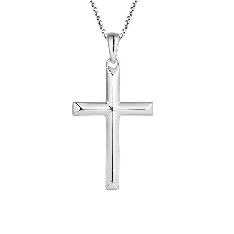 925 Sterling Silver Simple Design Glossy Christian Cross Pendant Necklace For Women Men