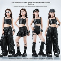 Costumes de danse jazz pour filles, haut court en similicuir noir avec boucle, jupe à volants, pantalon baggy, ensemble de vêtements de scène pour enfants