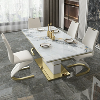 Ensemble de Table et Chaises Design Nordique Moderne en Acier Inoxydable et Cuir PU, 6 Places, Table de Salle à Manger Rectangulaire en Marbre pour Restaurant