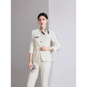 Women's Off-White <b>Blazer</b> And Trousers <b>Set</b> Long Sleeve Formal Workwear For Commute Anti-Wrinkle Worsted Fabric - Product Image 3
