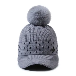 Fashion Knitted Beanie Cap With Visor Winter Women Hats Outdoor Cold-Proof Activities Cap