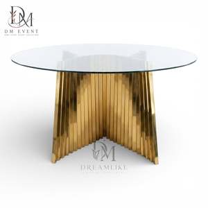 Table de mariage ronde en acier inoxydable doré avec base accordéon et plateau en verre trempé miroir, vente en gros - Product Image 2