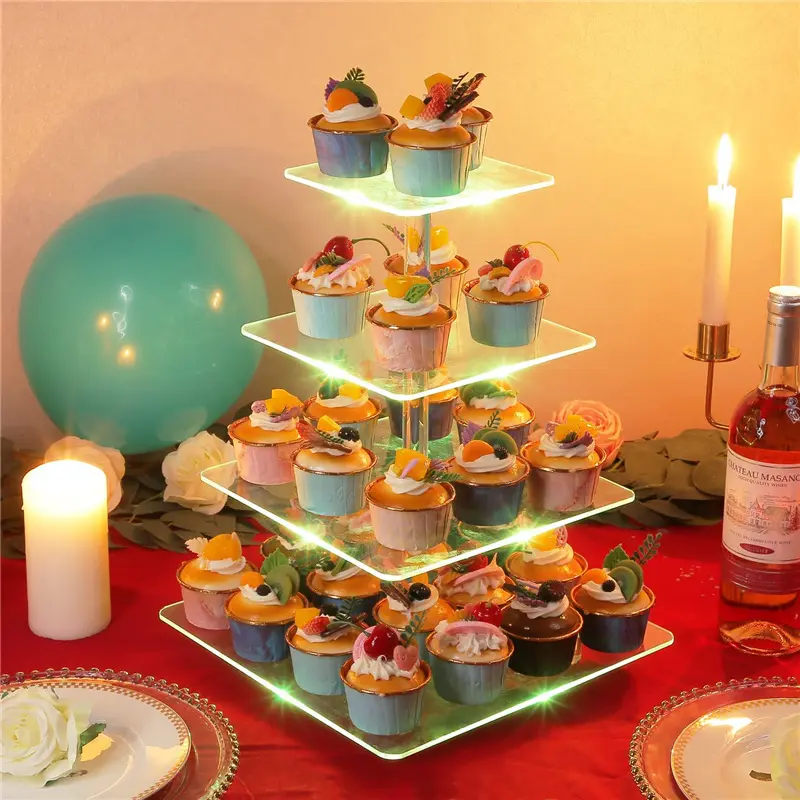 Plateau de service à pâtisserie écologique Présentoir d'anniversaire à desserts Présentoir à cupcakes carré en acrylique pour fête de mariage avec guirlande lumineuse LED
