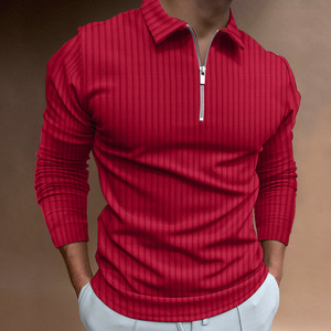 Manches longues de haute qualité pour polos pour le printemps et l'automne, tissu tricoté uni à rayures avec fermeture éclair, style décontracté et sportif - Product Image 3