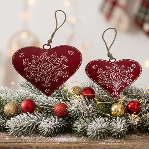 Ornements de Noël en métal rouge en forme de cœur avec motif floral blanc, décoration suspendue pour arbre de Noël - Product Image 5