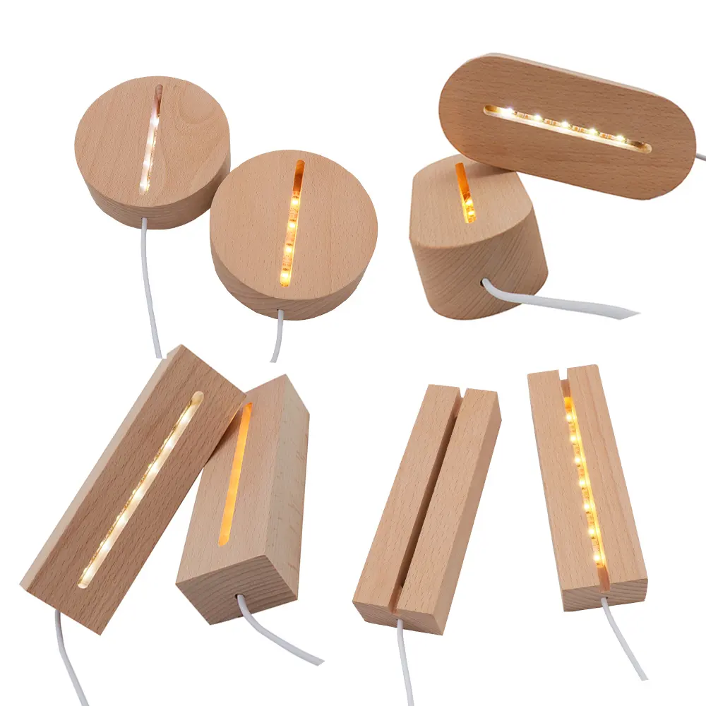Base lumineuse led en bois de hêtre rvb, base de lampe rectangulaire ovale en bois massif pour bricolage acrylique