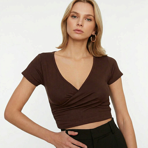 Top Corto Casual con Cuello en V para Mujer, 100% Algodón, Color Sólido, Secado Rápido y Transpirable, Verano, Venta al Por Mayor Personalizada - Product Image 1