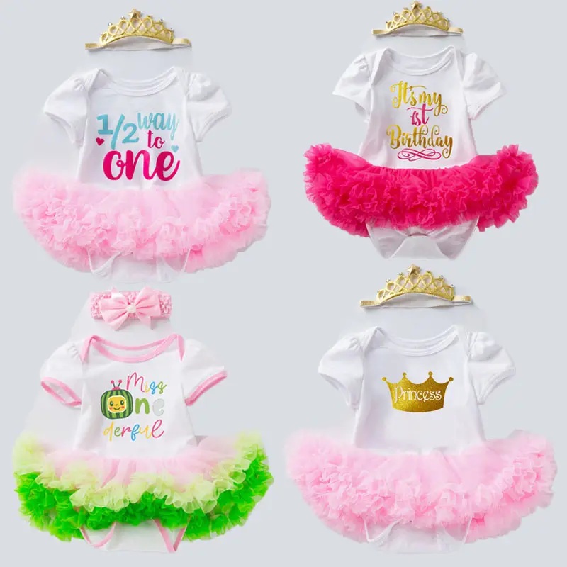 1歳の誕生日の女の赤ちゃんのドレスフリルTUTUドレスベビー服スイカローズガールプリンセスバースデードレスビーズヘッドバンド
