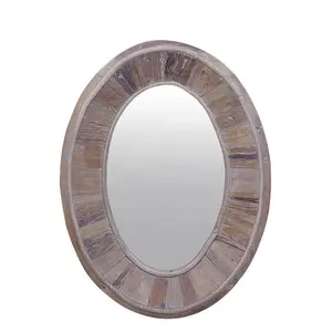 Espelho de parede CRW-2308 estilo industrial, espelho decorativo de parede, oval, de madeira sólida, vintage