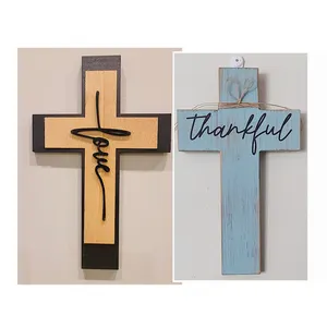 3 Pieces Rustic Cross Wooden Christians Wall Sign Love Hope Hanging Cross Religious Faith Cross Wall Sign Decor