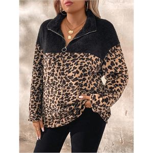 Sweat-shirt léopard pour femme, col zippé, manches longues, pull moelleux, style décontracté d'automne - Product Image 3