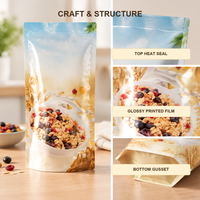 Sachet Doypack Personnalisé Imprimé pour Céréales Granola avec Fermeture Éclair et Fenêtre Transparente pour Aliments pour Animaux, Flocons d'Avoine, Muesli, Fruits, Noix, Emballage Petit-Déjeuner