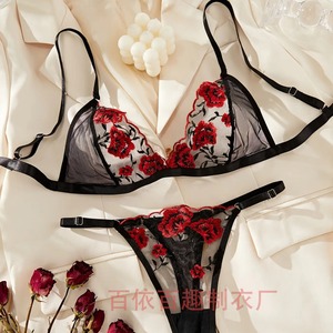 Conjunto de lencería sexy para mujer, encaje negro bordado, transparente, dos piezas, disfraz de ropa interior - Product Image 4