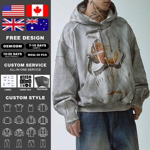 High Quality Custom Breathable Cotton Dirty Washed Pullover Sweatshirt Cut and Sewn Design Men's Printed Hoodie Wholesale - Product Image 2