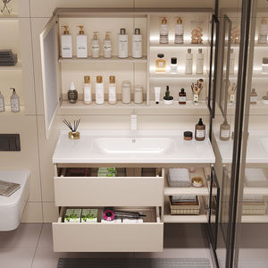 Meuble de salle de bain simple en bois massif multi-couches avec lavabo intégré en céramique - Product Image 3