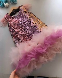 <span class=keywords><strong>Robe</strong></span> pour fille personnalisable en gros, à manches volantes en plumes, colorée, multicouche, à paillettes, pour enfants de 2 à 14 ans - Product Image 3