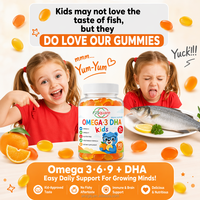Gummies Omega-3 DHA pour enfants, sans OGM, marque privée, avec Omega 6 et 9, complément nutritionnel pour enfants, pour soutenir la santé du cerveau