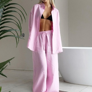 สินค้ามาใหม่ เสื้อผ้าลินินคุณภาพสูงพร้อมโลโก้สั่งทำ เสื้อเชิ้ตลินินทรงหลวมติดกระดุม กางเกงขายาวทรงตรงเอวสูงผ้าลินิน ชุดเซ็ตผ้าลินิน - Product Image 3