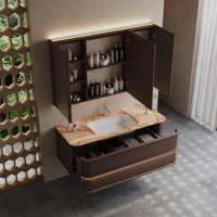 Meuble-lavabo vintage à façade incurvée, armoire de salle de bain en bois massif étanche avec compartiment grillagé et miroir de rangement LED