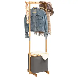 Bamboo Removable Dirty Clothes Laundry Hamper Basket with Wooden Rack for Hanging Clothes Freestanding Organizers