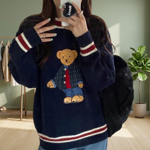 Pull-over en tricot pour femme, style japonais, motif ours de dessin animé, surdimensionné, Harajuku Kawaii, automne-hiver 2024 - Product Image 3