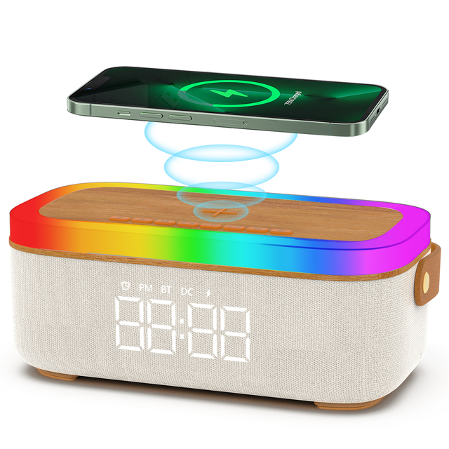 New BT Wireless Audio Atmosphere Light Multifunctional Wireless Charger with Digital Display Alarm Clock Blue Tooth Speaker