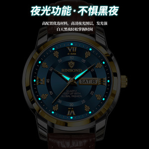 Binbond Men's Quartz Watch Blue Dial Leather Strap Waterproof Analog Business Watch With Date Display - Product Image 4