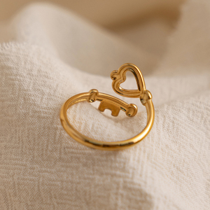 Anelli J&D in Acciaio Inossidabile Placcato Oro 18K, Design Classico e Trendy con Cuore Lineare Traforato e Chiave, Anello Aperto - Product Image 5