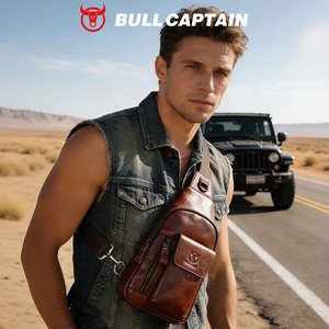 BULLCAPTAIN - Bolso Bandolera de Cuero 100% Genuino, con Logotipo Personalizado OEM, Bolso de Pecho Informal para Hombre con Orificio para Auriculares, Bolso Cruzado para Hombre - Product Image 3