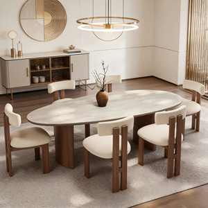 Ensemble de table à manger avec 6 chaises, table ovale à piétement, couleur crème, style moderne, 6 places, style nordique, importé, style japonais, longues tables à manger - Product Image 1