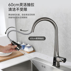 Robinet de cuisine extractible avec tuyau flexible de 60 cm, affichage numérique, moderne, monocommande, à poser sur comptoir, eau chaude et froide - Product Image 1