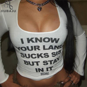 Kadın mektubu baskı kırpma üstleri kadın uzun kollu seksi kırpılmış üstleri bebek Tees - Product Image 1