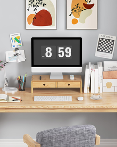 Support d'écran multifonctionnel en bambou durable, organiseur de bureau, rehausseur d'ordinateur portable avec deux tiroirs, finition laquée NC - Product Image 5