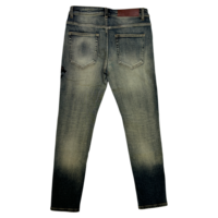 Jean en denim épais vintage pour homme, coupe droite, avec motifs imprimés et patch en cuir véritable pour usage quotidien