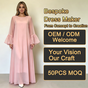 Vestidos Maxi Abaya Casuales y Modestos para Mujer, de Gasa Rosa Bebé Sólida, <span class=keywords><strong>con</strong></span> Cuello Redondo, Manga Larga <span class=keywords><strong>con</strong></span> Volantes, Forrados y Holgados, Venta al por Mayor - Product Image 1